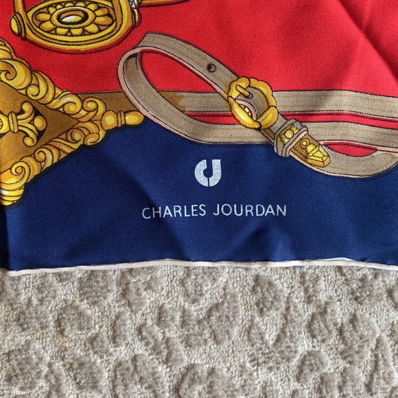 Charles Jourdan Navy and Red Equestrian-Themed Silk Scarf, 33” square - Picture 4 of 6